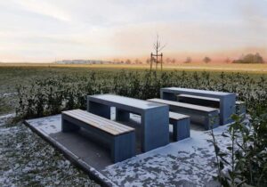 OGGI-Beton: Betontisch und Bank im Winter